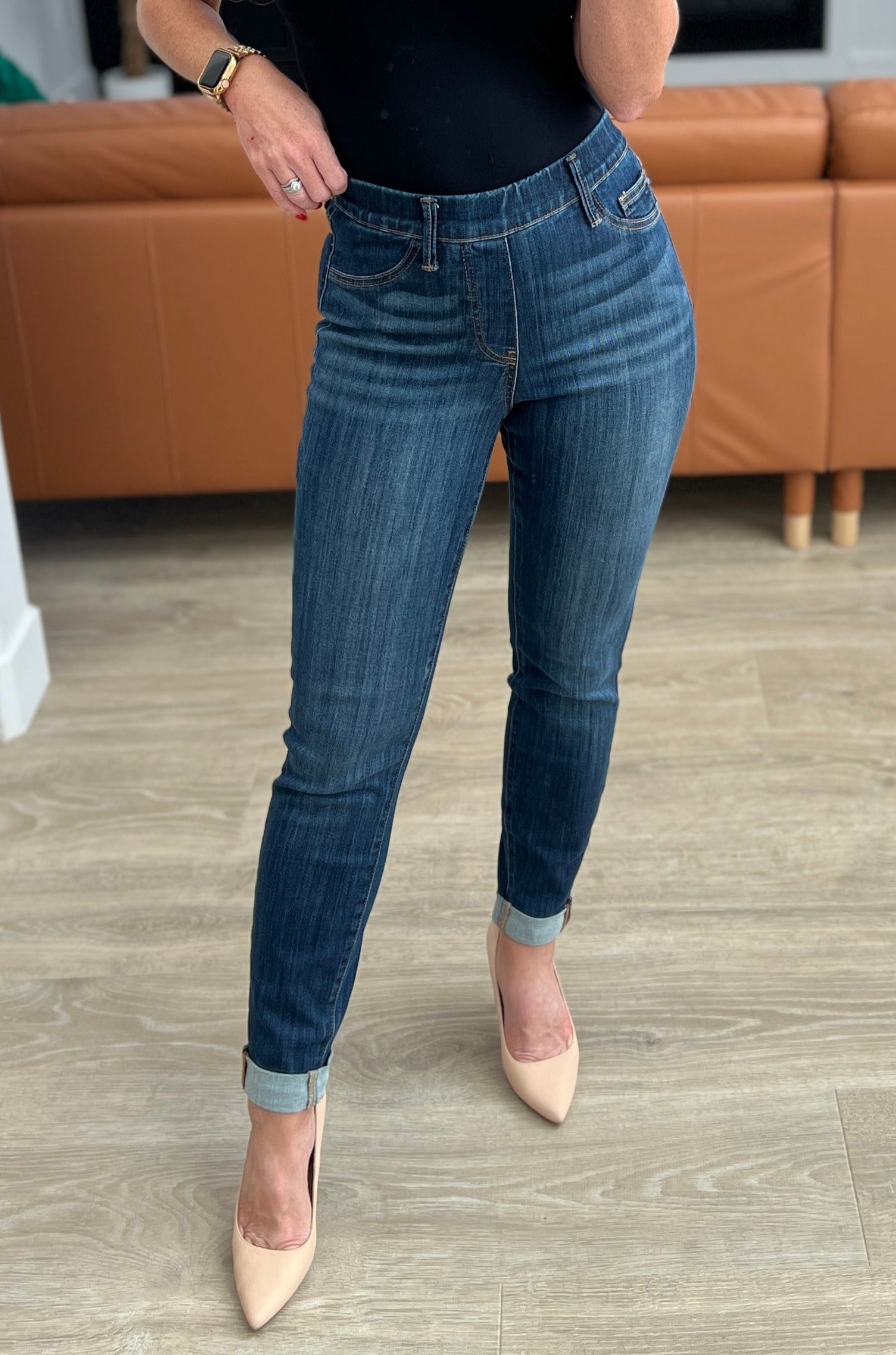 High Rise Pull On Double Cuff Slim Judy Blue Jeans